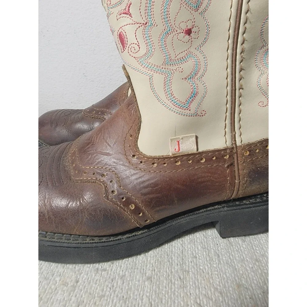 Justin Gypsy Boots Womens 9 B Brown Cream Leather Western Cowgirl Embroidered